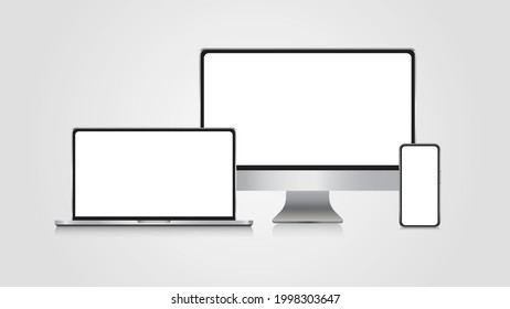 Realistic set of monitor, laptop, smartphone. 3d devise mockup set vector. Realistic screen layout