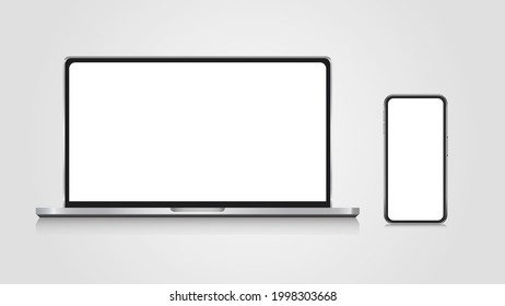 Realistic set of monitor, laptop, smartphone. 3d devise mockup set vector. Realistic screen layout