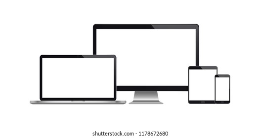 Realistic set of monitor, laptop, tablet, smartphone. Vector illustration. EPS10