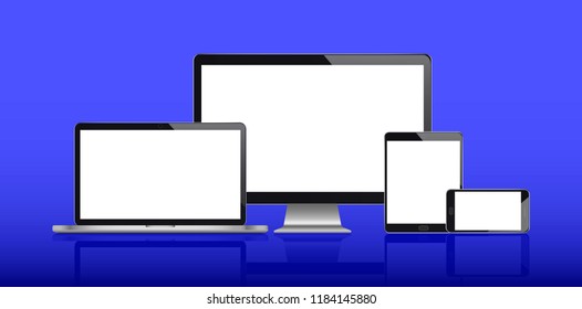 Realistic set of monitor, laptop, tablet, smartphone on a blue background.