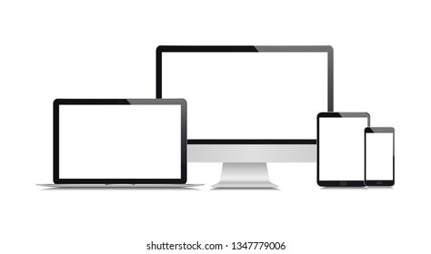 Realistic set of monitor, laptop, tablet, smartphone. Mockup of technological devices.