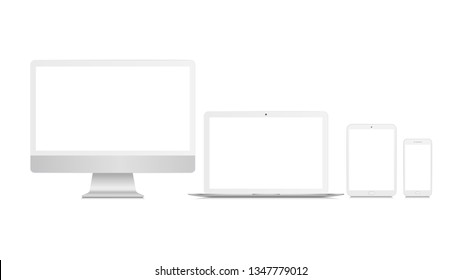 Realistic Set Of Monitor, Laptop, Tablet, Smartphone. White Mockup Of Technological Devices.