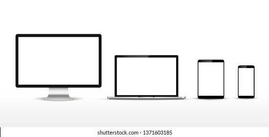 Realistic set of monitor, laptop, tablet, smartphone. Vector illustration