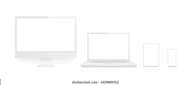 Realistic set of Monitor, laptop, tablet, smartphone white color - Stock Vector.