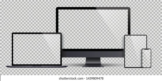 Realistic set of Monitor, laptop, tablet, smartphone dark grey color - Stock Vector.