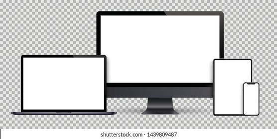 Realistic set of Monitor, laptop, tablet, smartphone dark grey color - Stock Vector.