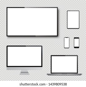 Realistic set of Monitor, laptop, tablet, smartphone and TV screen - Stock Vector.