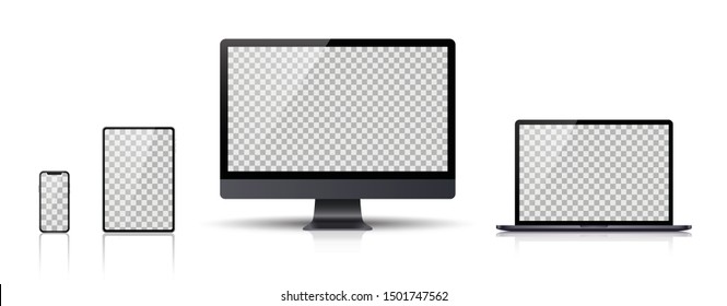 Realistic set of Monitor, laptop, tablet, smartphone dark grey color - Stock Vector.