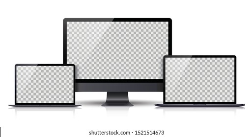 Realistic set of Monitor, laptop, tablet, smartphone dark grey color - Stock Vector.