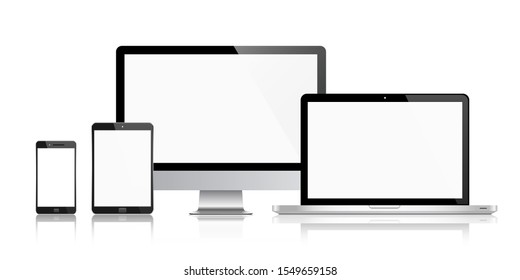 Realistic set of monitor, laptop, tablet, smartphone with shadow vector illustration. EPS 10