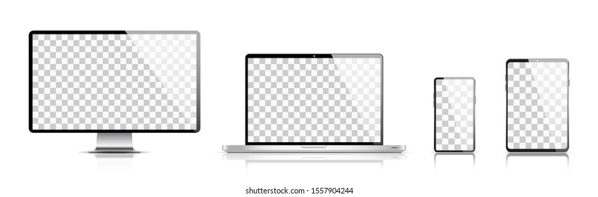 Realistic set of monitor, laptop, tablet, smartphone with shadow vector illustration. EPS 10