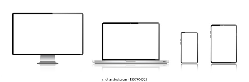 Realistic set of monitor, laptop, tablet, smartphone with shadow vector illustration. EPS 10