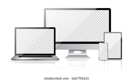 Realistic set of monitor, laptop, tablet, smartphone with transparent screen. Tablet gadget template, pc laptop mobile devices mockup. Vector isolated device screen