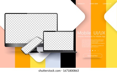 Realistic set of Monitor, laptop, tablet, smartphone dark grey color. Color trend palette.Mockup generic device. Template for presentation. Design of the menu for a website. Creative web design.Vector