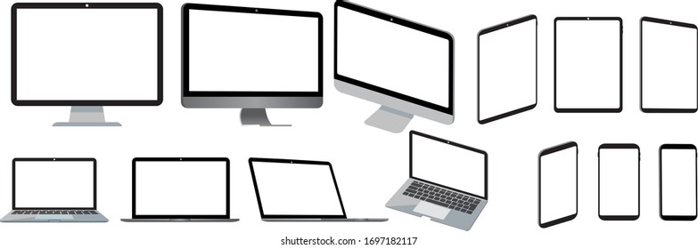 Realistic set of monitor, laptop, tablet, smartphone