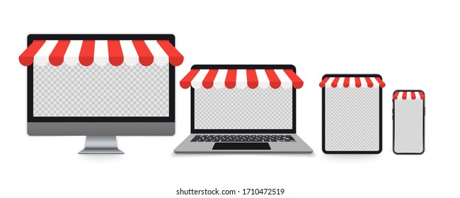 Realistic set of monitor, laptop, tablet, smartphone with awning for web design, banner, mobile app, landing page. Concept Shopping Online. Outdoor awnings. White and red sunshade. Online store