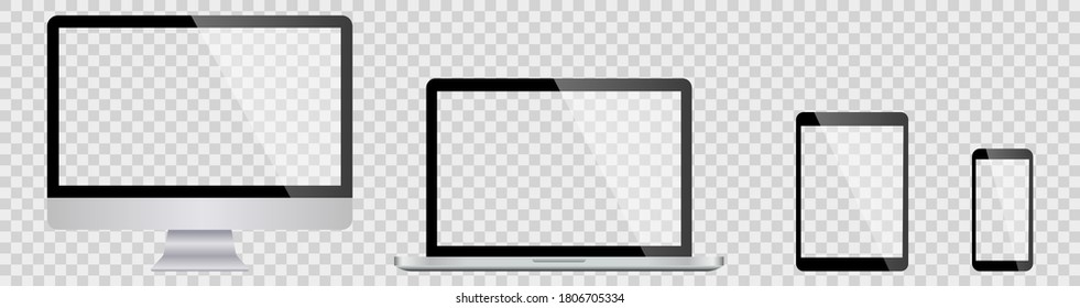 Realistic set of monitor, laptop, tablet and smartphone. Technology devices with empty display. Collection of modern digital devices. Vector illustration.