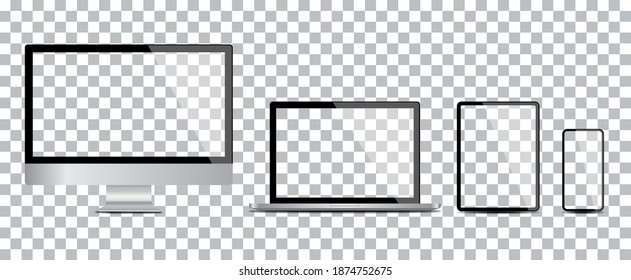 Realistic set of monitor, laptop, tablet, smartphone. Vector illustration.