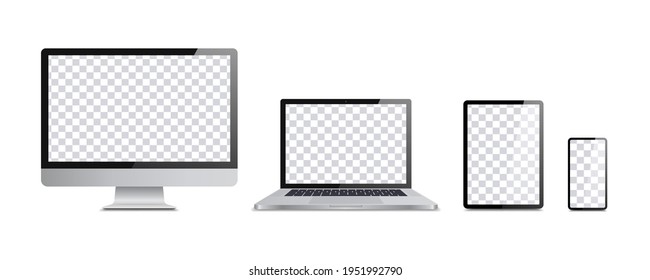 Realistic set of monitor, laptop, tablet, smartphone. Isolated with transparent screen. Vector.