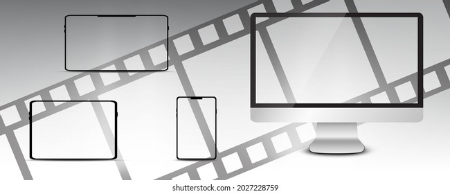 Realistic set of monitor, laptop, tablet, smartphone - Stock Vector illustration.