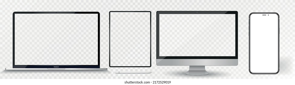 Realistic set of monitor, laptop, tablet, smartphone - Stock Vector illustration.