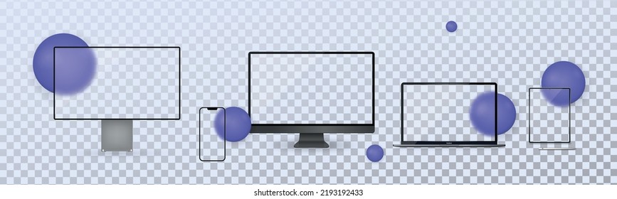 Realistic set of Monitor, laptop, tablet, smartphone dark grey color - Stock Vector.