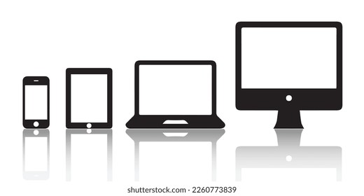 Realistic set of monitor, laptop, tablet, smartphone with shadow  Vector illustration