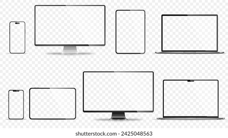 Realistic set of monitor, laptop, tablet, smartphone - PNG. Vector illustration	