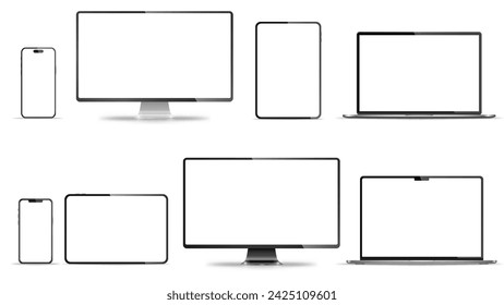 Conjunto realista de monitor, ordenador portátil, tableta, teléfono inteligente - PNG. Ilustración de vector	