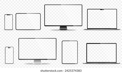 Realistic set of monitor, laptop, tablet, smartphone - PNG. Vector illustration	