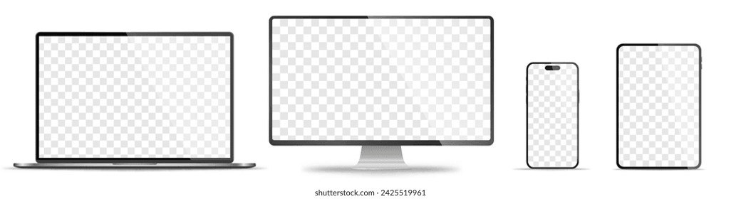 Realistic set of monitor, laptop, tablet, smartphone - PNG. Vector illustration	