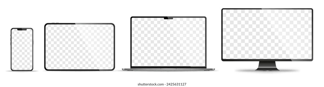 Realistic set of monitor, laptop, tablet, smartphone - PNG. Vector illustration	