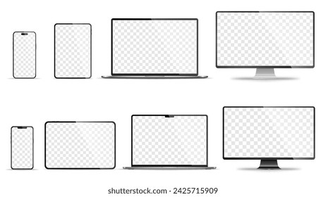 Realistic set of monitor, laptop, tablet, smartphone - PNG. Vector illustration	