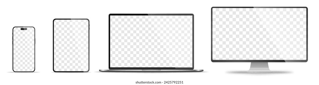 Realistic set of monitor, laptop, tablet, smartphone - PNG. Vector illustration	