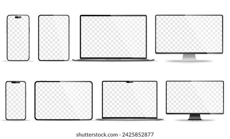 Realistic set of monitor, laptop, tablet, smartphone - PNG. Vector illustration	