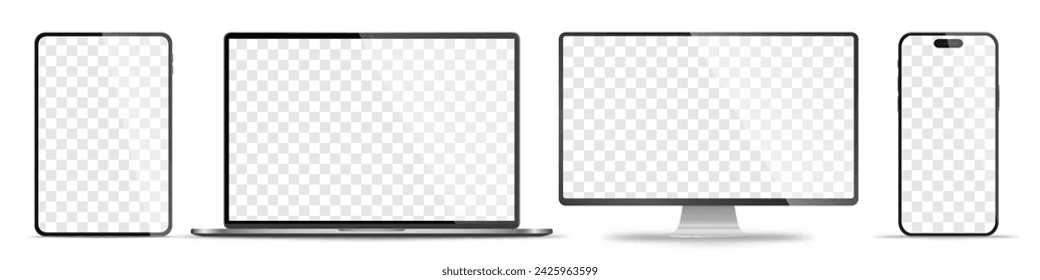 Realistic set of monitor, laptop, tablet, smartphone - PNG. Vector illustration	