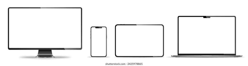 Realistic set of monitor, laptop, tablet, smartphone - PNG. Vector illustration	