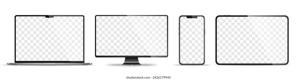 Conjunto realista de monitor, ordenador portátil, tableta, teléfono inteligente - PNG. Ilustración de vector	