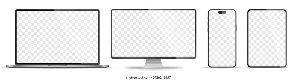 Realistic set of monitor, laptop, tablet, smartphone - PNG. Vector illustration	