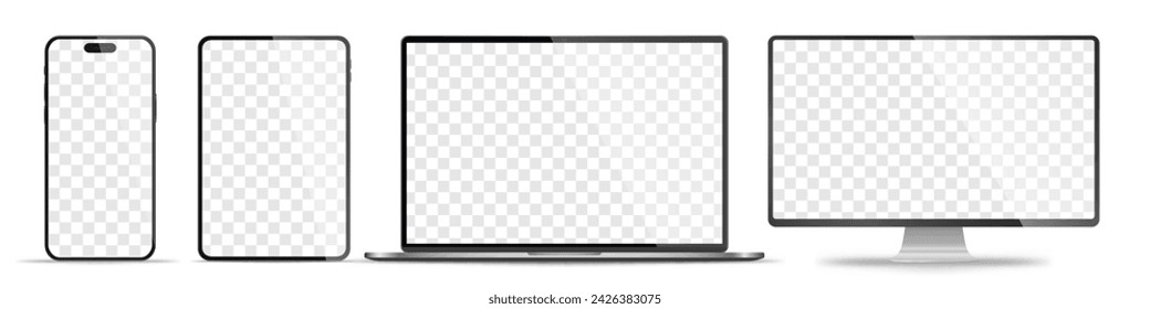 Realistic set of monitor, laptop, tablet, smartphone - PNG. Vector illustration	