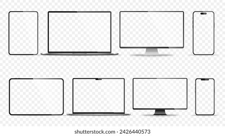 Realistic set of monitor, laptop, tablet, smartphone - PNG. Vector illustration	