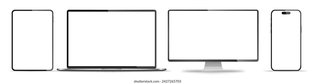 Realistic set of monitor, laptop, tablet, smartphone - PNG. Vector illustration	