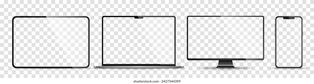 Conjunto realista de monitor, ordenador portátil, tableta, teléfono inteligente - PNG. Ilustración de vector	