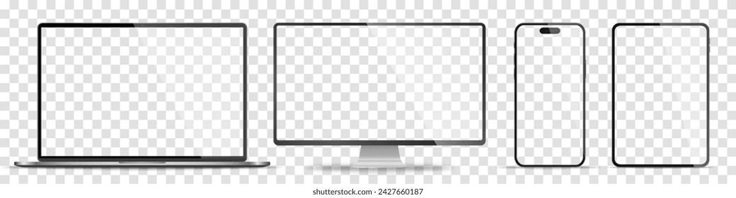 Realistic set of monitor, laptop, tablet, smartphone - PNG. Vector illustration	