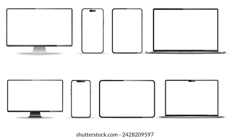 Conjunto realista de monitor, ordenador portátil, tableta, teléfono inteligente - PNG. Ilustración de vector	