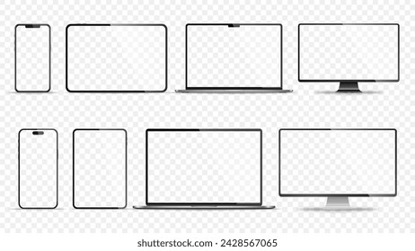 Realistic set of monitor, laptop, tablet, smartphone - PNG. Vector illustration	