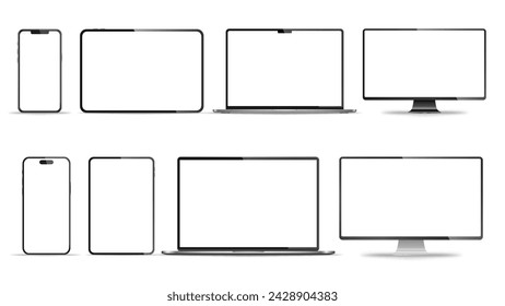 Conjunto realista de monitor, ordenador portátil, tableta, teléfono inteligente - PNG. Ilustración de vector	