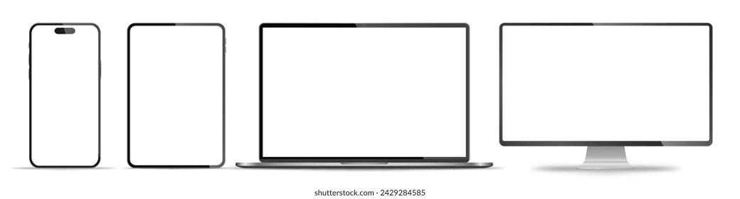 Realistic set of monitor, laptop, tablet, smartphone - PNG. Vector illustration	