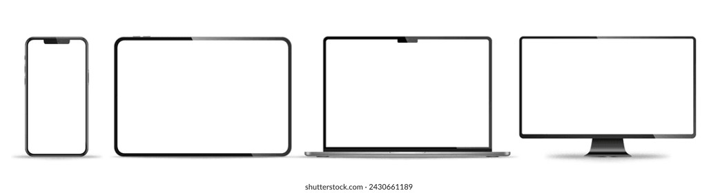 Realistic set of monitor, laptop, tablet, smartphone - PNG. Vector illustration	