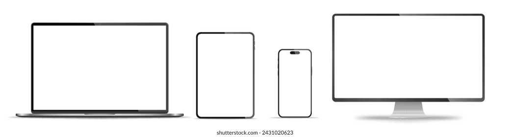 Realistic set of monitor, laptop, tablet, smartphone - PNG. Vector illustration	